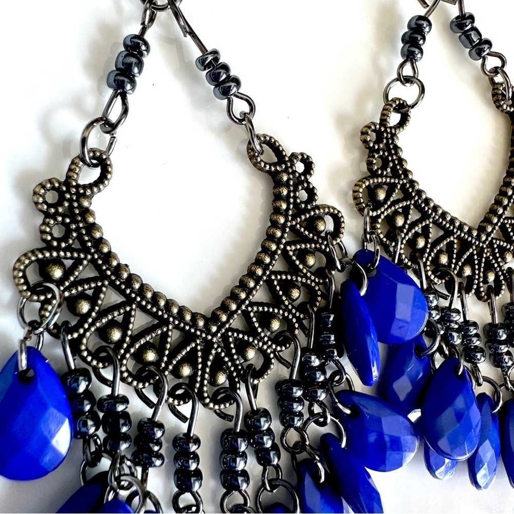 Bohemian Blue Bead Chandelier Earrings Dangle Antiqued Silver Boho Gift NEW - Picture 4 of 11